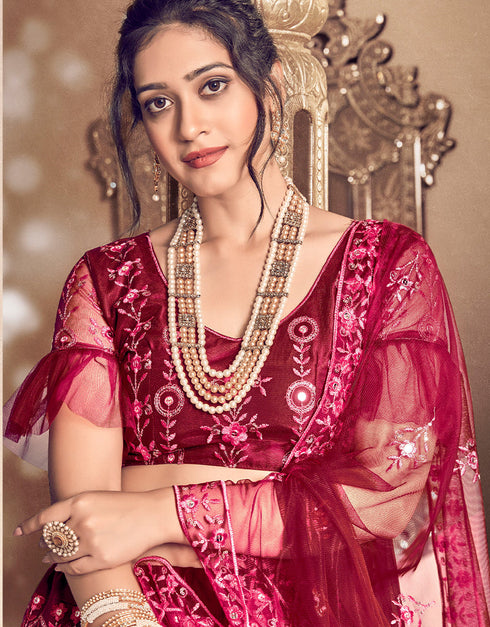 trendy purple mauve soft net traditional wear women's heavy lehenga choli collection with maroon soft net rt8967-185046 Front View